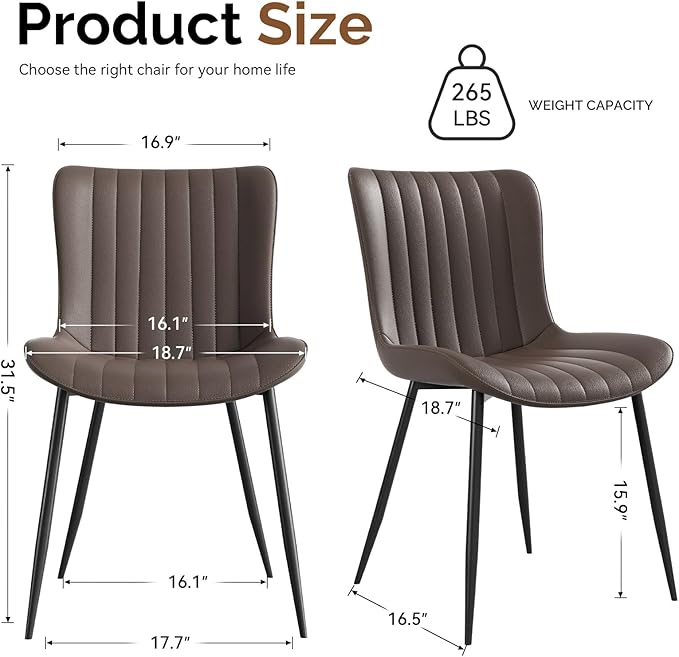 Dining Chairs, Modern Dining Room Chair 16 inch Leather with Wooden and Metal Frame, Set of 2 (Brown)
