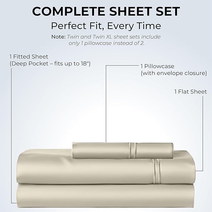 100% Natural Cotton Bed Sheets | 500 TC Single-Ply Sateen Weave Twin Sheets Set | Breathable & Hypoallergenic Solid 3-Piece Bedding with Deep Pocket Fitted, Flat, Pillowcase | Cream Beige