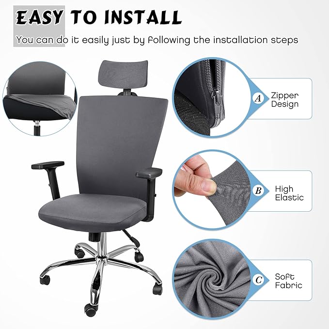 Lounsweer 3 Pieces Office Chair Cover Rolling Desk Chair Cover Gaming Covers Stretch Washable Protector Pets Slipcovers for Swivel Armchair Boss(Simple,Dark Gray)