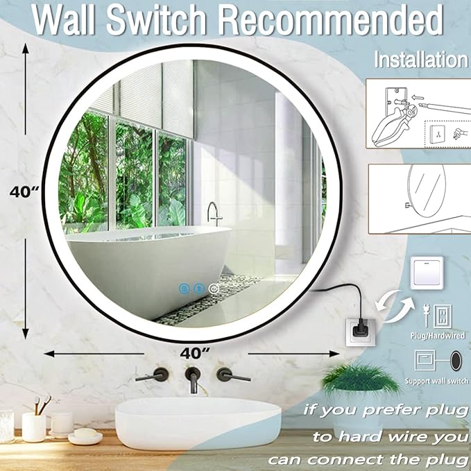 40 inch Round LED Bathroom Mirror, Black Frame, Wall Mount, Fogless, Adjustable, 3 Color Lights Smart Mirror with Anti-Fog