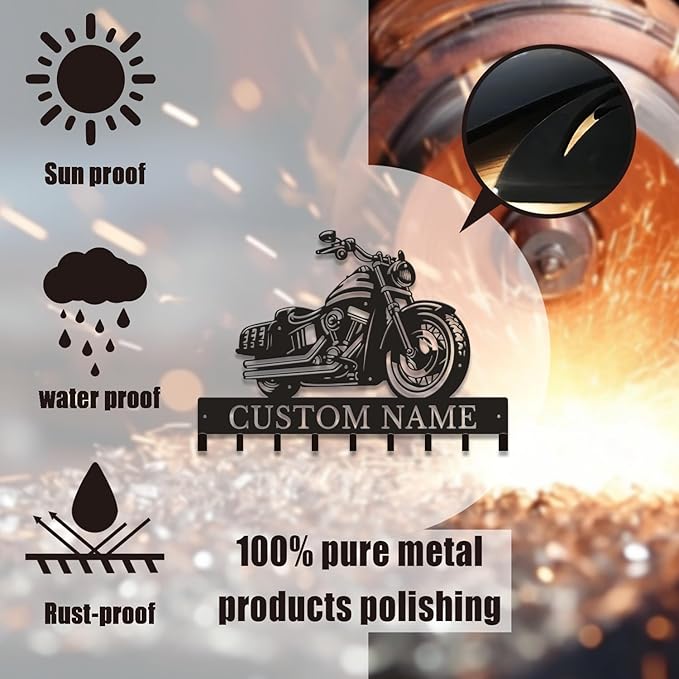 Personalized Motorcycle Metal Key Holder, Custom Last Name Metal Wall Sign, Hanging Storage Rack for Garage and Home Decor (Style-1)