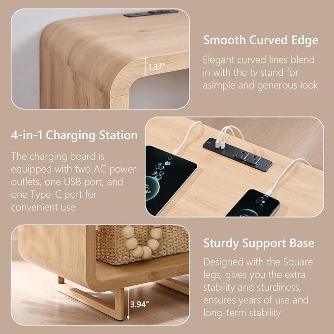 23.6" Modern End Table, 2 Tier Side Table with Charging Station, Simple Bedside Table with Open Storage Shelf, Outlet, Wooden Nightstand for Bedroom, Living Room, Easy Assembly, Natural Oak