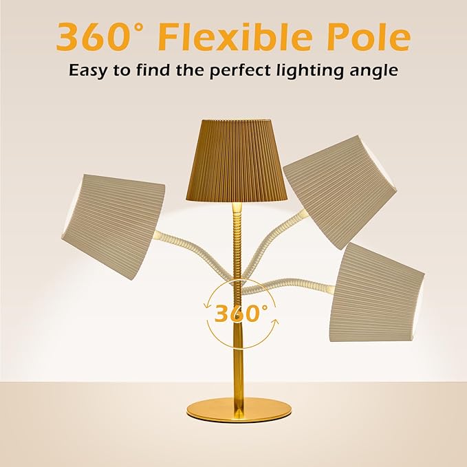 Cordless Table Lamp DIY, 2500mAh Rechargeable & Flexible Desk Lamp, Stepless Dimming Modern Bedside Lamps with 3-Color LED Touch Control, Minimalist Nightstand Lamps for Decor & Gifts (Gold)