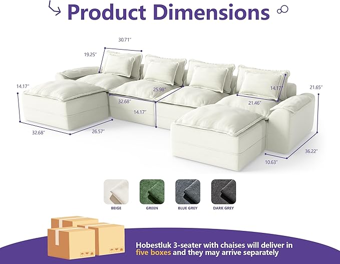 Hobestluk 152" Cloud Modular Sectional Couch 4-Seater Sofa with Ottomans U Shaped Couch Deep Seat Sofa with Removable Cover for Living Room (Beige, 4-Seater Sofa with Two Ottomans)
