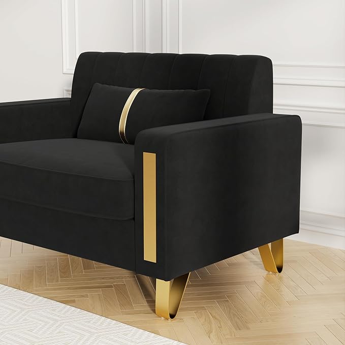 Couch 85.62" 3 Seats Sectional Velvet Fabric Sofa Easy Assemble Sofa Bed with 2 Couch Pillows,Gold Metal Legs for Living Room (P17, Black（3+3+1）)