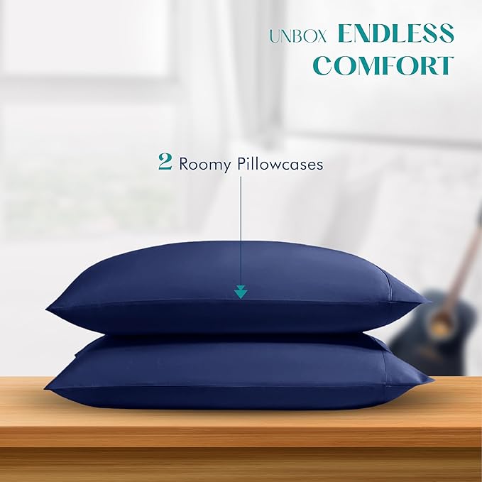 XOOX Linen 100% Egyptian Cotton Pillow Cases Standard/Queen Size Set of 2 - Luxury 1200 Thread Count Sateen Navy Blue Pillow Cases, Silky Soft Cooling Pillowcases Fits Standard & Queen Size Pillows