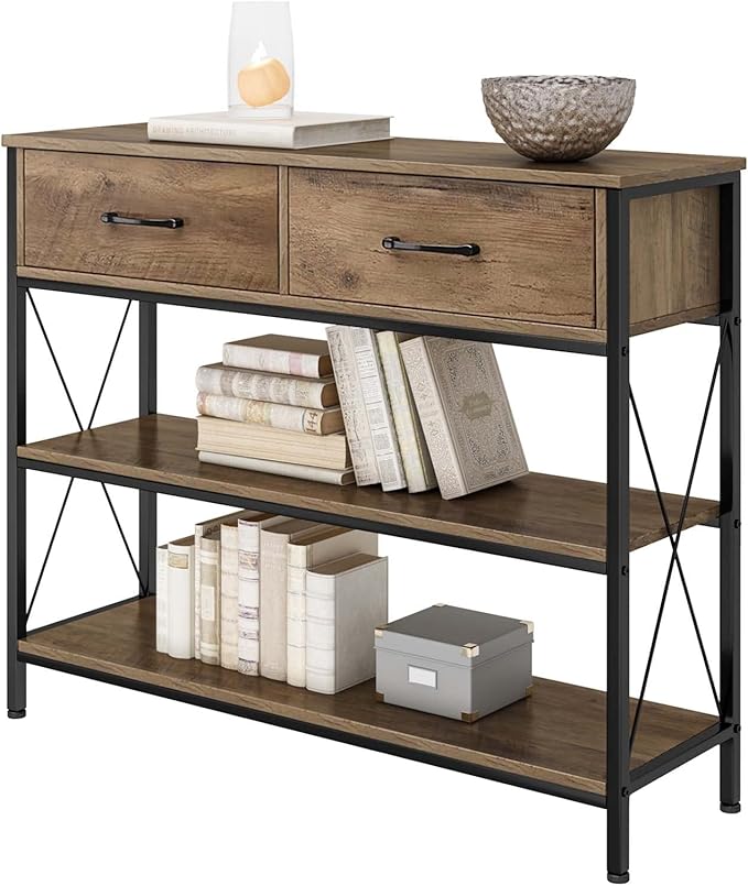 HITHOS Industrial Console Table with Drawers, Vintage Hallway Foyer Table with Storage Shelves, Narrow Long Sofa Entryway Table for Living Room, Rustic Brown