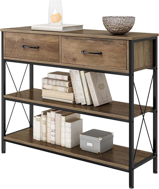 HITHOS Industrial Console Table with Drawers, Vintage Hallway Foyer Table with Storage Shelves, Narrow Long Sofa Entryway Table for Living Room, Rustic Brown