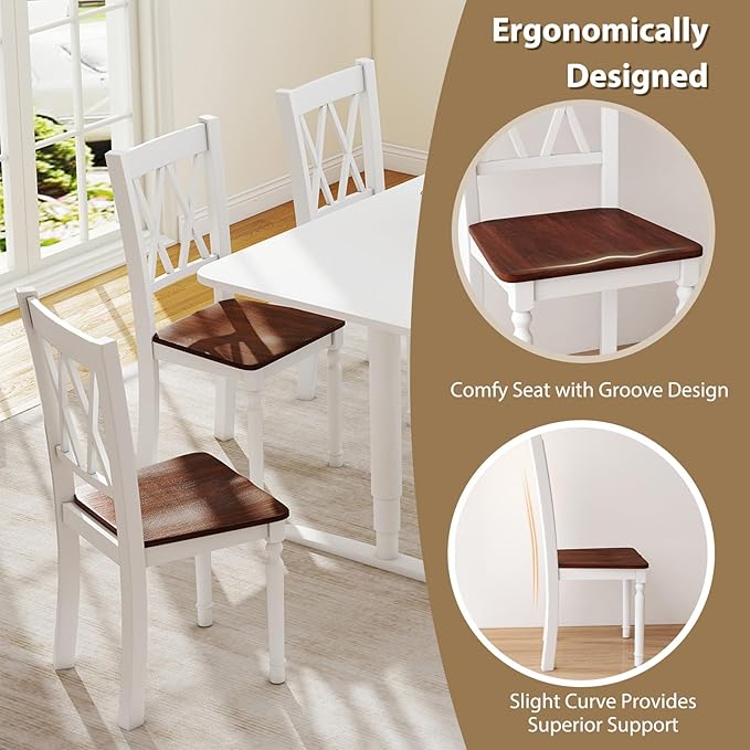 POWERSTONE Wooden Dining Chairs Set of 2, Farmhouse Kitchen Chair with High Backrest, 360 lbs Armless Dinette Seat for Kitchen, Dining Room, Living Room, White and Walnut