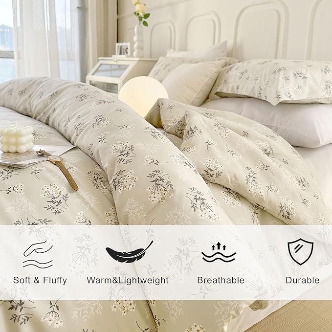 EAVD Boho Floral Comforter King Soft Washed Microfiber Garden Floral Bedding King Comforter Set with 2 Pillowcases Chic Shabby Reversible Botanical Comforter Set for All- Season