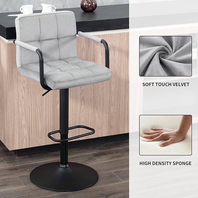 Furnimart Adjustable Bar Stool Swivel Barstools Set of 2 Counter Stools with Armrest and Footrest Upholstered Bar Chairs for Kitchen and Dining Room (Velvet-Grey)