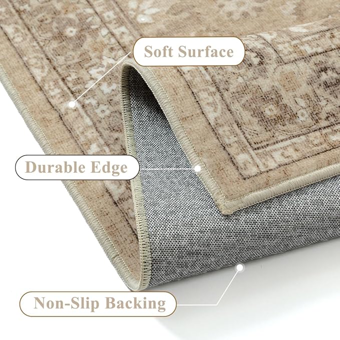 6x9 Brown Area Rug Non Slip Vintage Living Room Distressed Machine Washable Carpet Retro Indoor Bedroom Traditional Floral Accent Throw Rug for Office Kitchen Dorm Dining Room