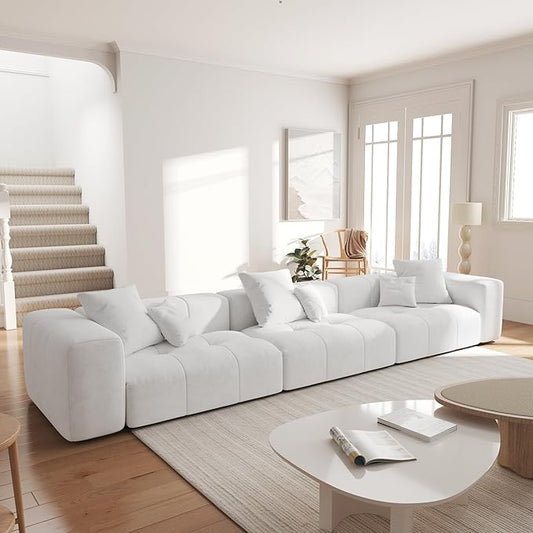 JACH 144 Inch Modular Sofa, Mid Century Modern Extra Deep Corner Seat Couch, 3-Seater Sofas for Living Room, Sectional Couches, Cozy Sofa for Apartment, Living Room (Linen Fabric, White)