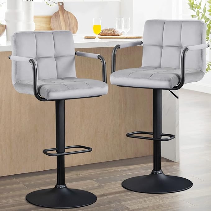 Furnimart Adjustable Bar Stool Swivel Barstools Set of 4 Counter Stools with Armrest and Footrest Upholstered Bar Chairs for Kitchen and Dining Room