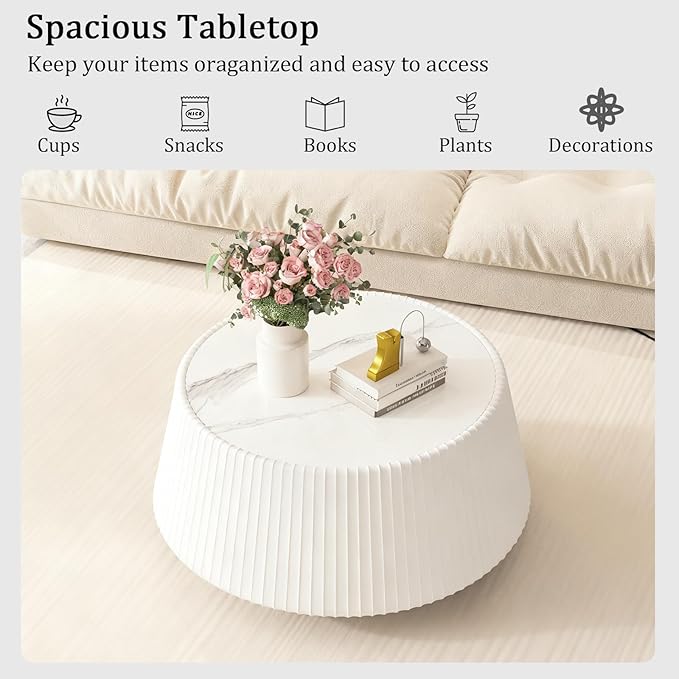White Round Coffee Table with Sintered Stone Tabletop, 26.77" Drum Coffee Table with Fluted PU Leather Covered and Stable Base, Circle Cocktail Tea Table for Living Room