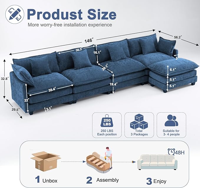 146" Cloud Chenille Sectional Couch 4+2 with Ottomans｜Large Modular Sofa for Spacious Living Rooms｜FSC Solid Wood Frame｜29.1" Deep Seat｜Easy Assembly & 1YR Guarantee