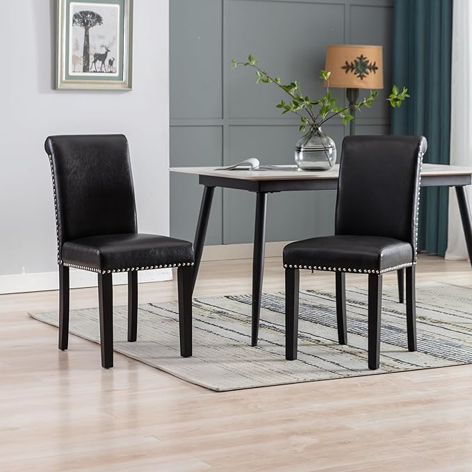 Westice Dining Room Chairs Set of 2 Upholstered PU Leather Kitchen Chairs Dining Room Side Chair with Nailhead Trim and Rubber Wood Legs for Small Space Apartment, Black