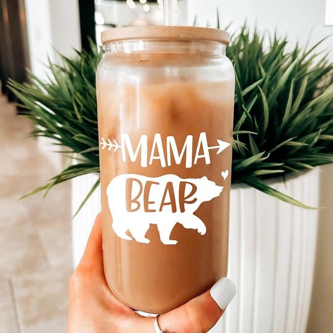 Gifts for Mom from Daughter Son - Mom 16 Oz Can Glass Coffee Cup with Bamboo Lid & Straw - Mothers Gift for Women on Birthday Mothers Day