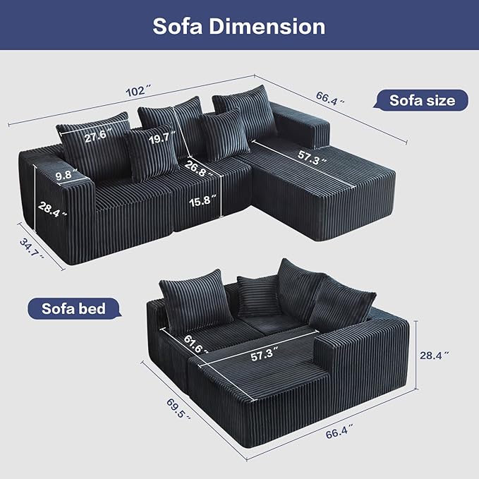 Boneless Couch for Living Room-102 Cloud Couch with Deep Seat,L-Shaped Comfy Sofa for Bedroom,Compressed Sofa in a Box,No Assembly Required(Corduroy,Grey)