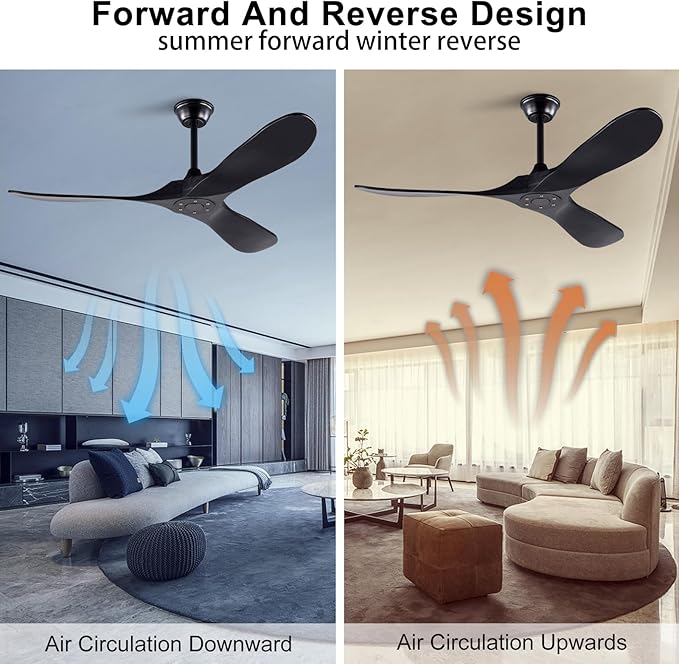 60 Inch Ceiling Fan without Light, Reversible DC Motor Wood Ceiling Fan with Remote Control, Black Modern Ceiling Fan no Light for Outdoor Indoor Living room Farmhouse Patios