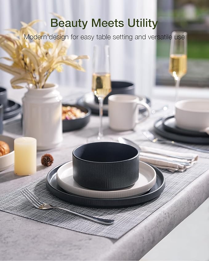 Famiware Star Dinnerware Set, Plates and Bowls Sets for 8 (24pcs), Ribbed Stoneware Dishes - Chip & Scratch Resistant, Microwave & Dishwasher Safe, Multicolor - Matte White & Matte Dark Charcoal