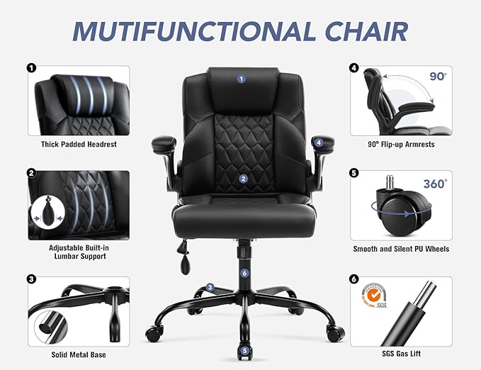 Office Chair with Adjustable Lumbar Support,Leather Ergonomic Computer Desk Chair with Flip-up Arms,Adjustable Tilt Lock,Swivel Rolling Executive PC Chair for Work, Study,Meeting,Small Space.Black
