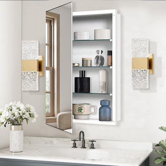Bathroom Medicine Cabinet with 20"x26" Frameless Beveled Mirror,Recessed or Surface Mount, Space-Saving Storage for Toiletries,White Finish,Easy Installation
