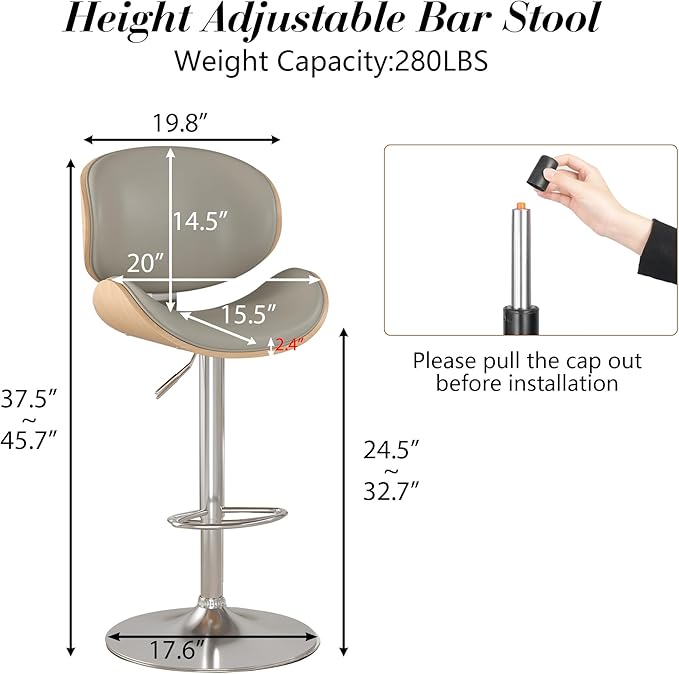 KCC Bar Stools Set of 6, Swivel Adjustable Height Barstools, PU Leather Upholstered Bar Chairs with Footrest, Bentwood Bar Stool for Kitchen, Bar, Dining Room(Grey PU)