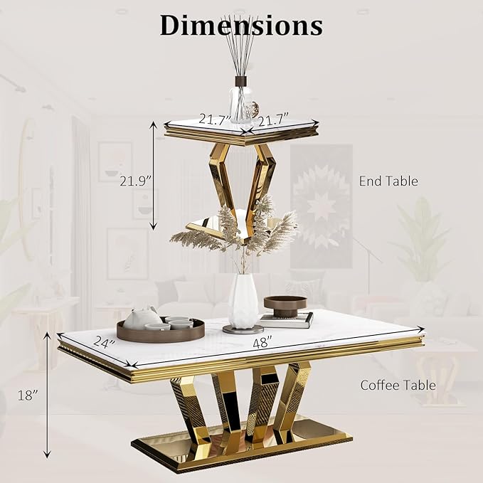 Living Room Table Set, 3-Piece Table Set Includes Coffee Table & 2 End Tables, White and Gold Table Set for Home Apartment Office