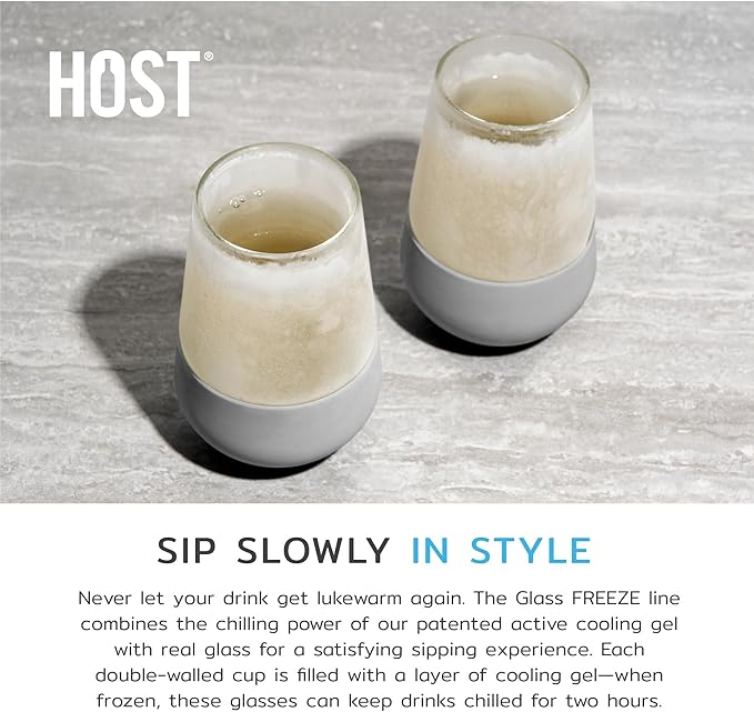 Host Wine Freeze Cooling Cups, Freezer Cups for Drinks, Insulated Tumblers Cool Wine Glasses Set of 2, 8.5oz in Gray