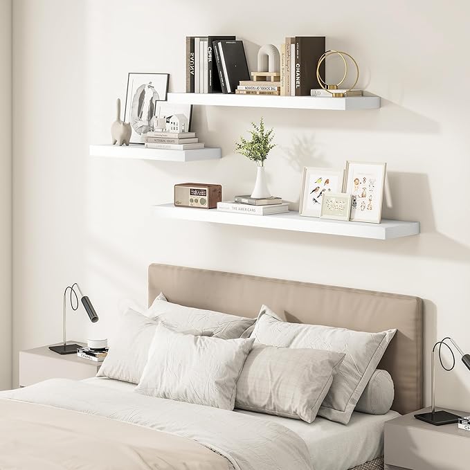 Vivelove 24/36/48/55 Inch Floating Shelves for Wall, 12 Deep Shelves for Room Wall Mounted, 2" Thick Floating Shelf for Living Room Bedroom Bathroom Kitchen Laundry Room, Set of 2 White