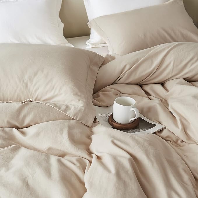 Simple&Opulence French Linen Duvet Cover Set 88" x 92"- 5 Pieces (1 Comforter Cover,4 Pillowcases)- Natural Flax Cotton Blend-Solid Color Breathable Farmhouse Bedding-Linen/Beige, Queen