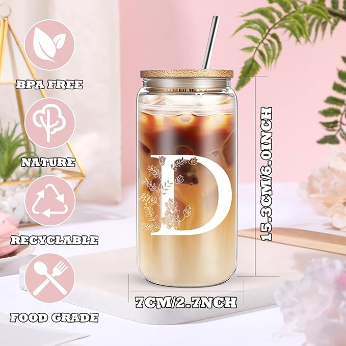 Unique Initial Glass Cup with Lids and Straws, Monogrammed Gifts Box Included Makeup Bag, Christmas Birthday Gifts for Women Mom Sister Grandma, D