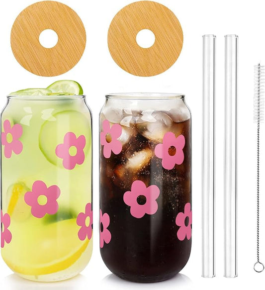 Mason Life Glass Cups with Lids and Straws, 20OZ Can Shaped Glass Cups, Drinking Glasses, Iced Coffee Glasses Cup, Smoothie Cups, Tumbler Glass, Reusable Iced Coffee Cup Drinking Glasses -Set of 2