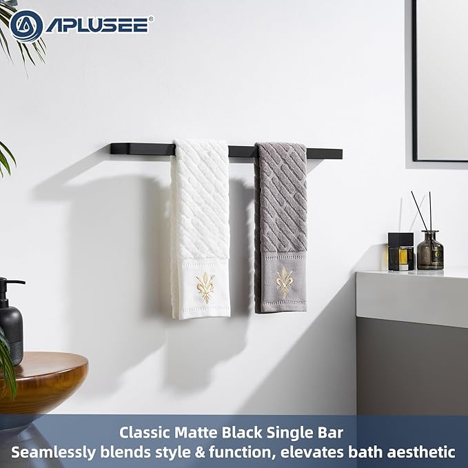 APLusee Matte Black Towel Bar Wall Mounted, Heavy Duty 304 Stainless Steel Towel Rack for Bathroom Wall, Modern Bathroom Towel Holder, 22.8 Inch Length