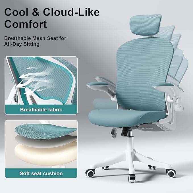 Ergonomic Office Chair with Adjustable Lumbar Support and Headrest, High Back Mesh Desk Chair for Home Office,Flip-Up Arms 90-120° Tilt Lock Rolling Swivel Task Chairs (White-Blue6065)