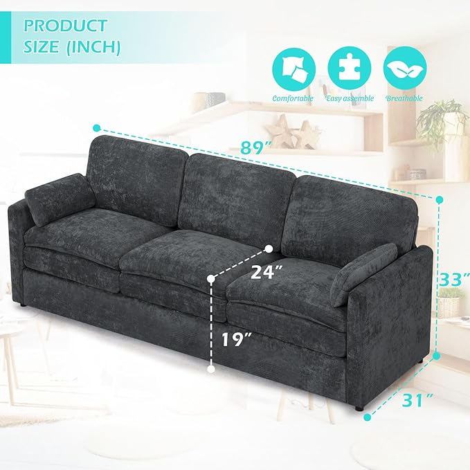 3 Pieces Chenille Sofa Set w/Arm Pillows, Upholstered Loveseat & 2 Pieces 3 Seater Sofa w/Comfortable Back Cushions, Modern 2-Seat & 3-Seat w/High-Density Foam for Living Room, Grey