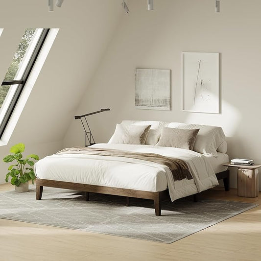 Cal King Size Wood Platform Bed Frame, 12 Inch Solid Wood Bed Frame with Wooden Slats, No Box Spring Needed, Easy Assembly,Espresso