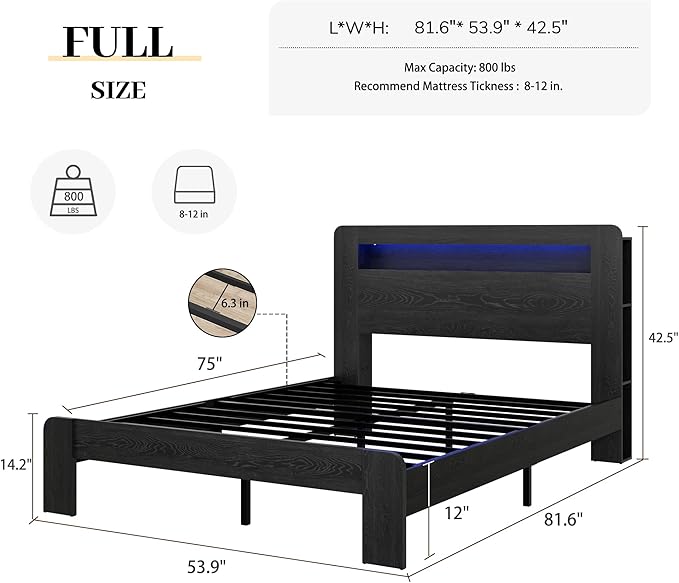 Full Size Wooden Bed Frame with Bookcace Storage Headboard, Rustic Farmhouse Bedframe with LED Lights and Charging Station, Sturdy and Stable, Slat Support, No Box Spring Required (Black, Full)
