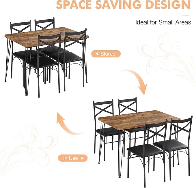 VECELO Dining Table Set for 4, Kitchen Table Set with 4 Chairs for Small Space, Space-Saving and Modern Design, Apartment, Easy to Assemble,Classic Brown