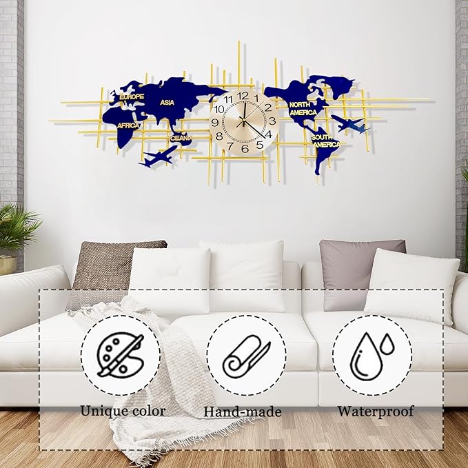 37.8 Inch Modern World Map Wall Clock, Silent Quartz 3D Design, Large Handmade Iron Frameless Decorative Clock for Living Room, Bedroom, Kitchen, Office (Small)