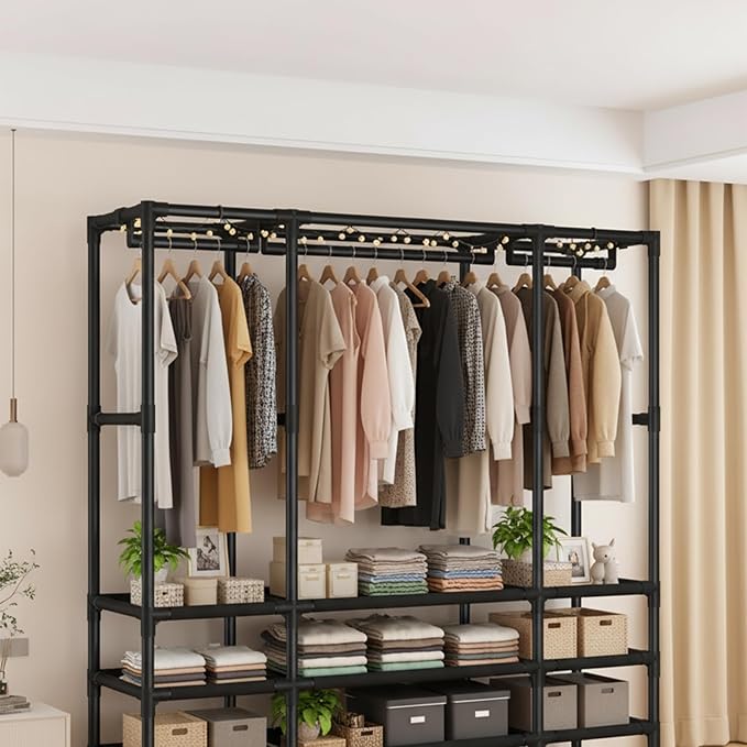 Portable Closet,Portable Closets for Hanging Clothes,Japanese Style Garment Rack with 3 Hanging Rods,9 Storage Shelves,56.2" L x 17.7" W x 65.1" H,Black