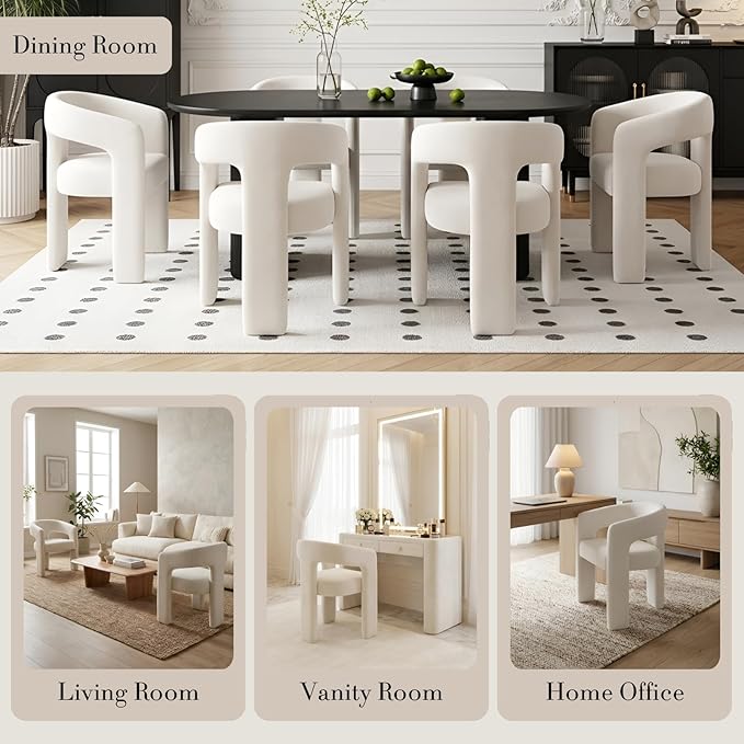 Modern Chenille Dining Chairs Set of 4, Upholstered Barrel Chairs with Arms Comfy Accent Side Chairs for Living Room/Dining Room/Reception, Beige