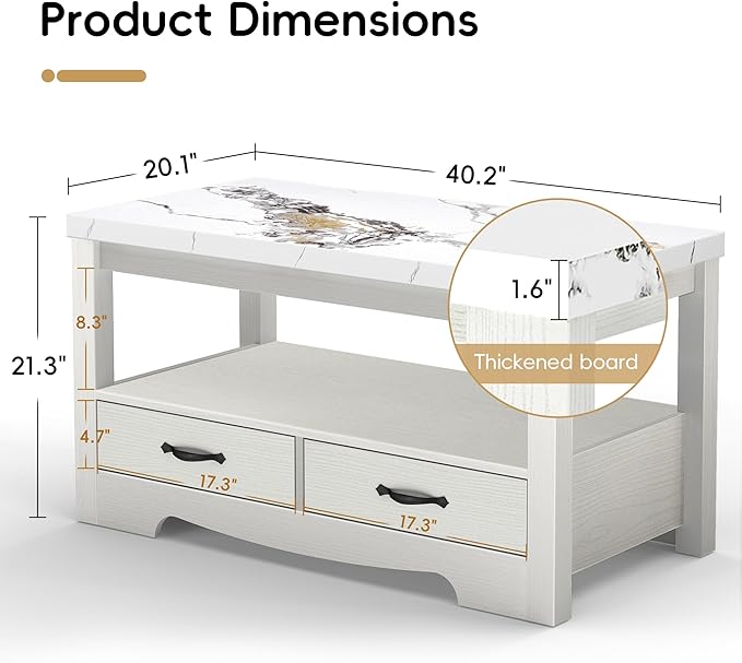 Coffee Table 40" Faux Marble 2-Tier Modern Wooden Rectangle Center Table with Drawers for Living Room, Conference Room, Thickened Top, Small Space Home Furniture (White Oak with Storage)