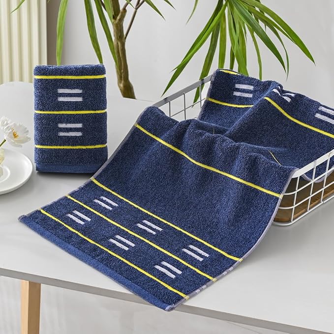 YiLUOMO Blue Hand Towels Yellow Striped Design Set of 2 Super Soft 100% Terry Cotton Highly Absorbent Decorative Hand Towel for Bathroom 13 x 29 Inch