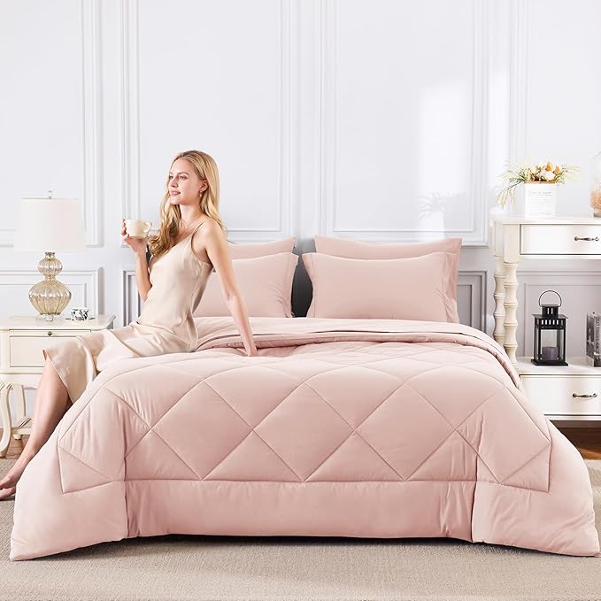 CozyLux Queen Comforter Set Blush Pink - Bed in a Bag Queen Size 7 Pieces, Luxury Soft Bed Set for All Seasons, Bedding Set with Down Alternative Comforter, Sheets, Pillowcases & Shams