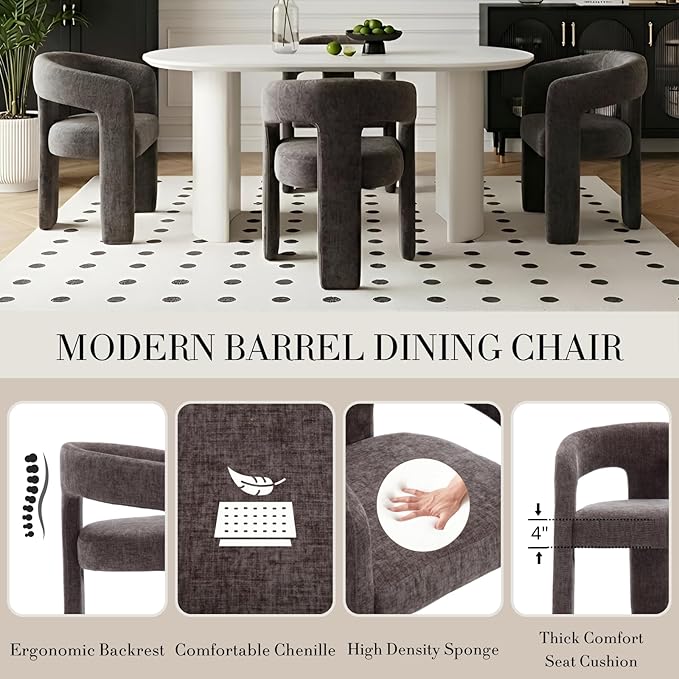 Modern Chenille Barrel Dining Chair Upholstered Fabric Dining Room Chair with Arm Comfy Accent Side Chair for Kitchen/Living Room/Reception, Charcoal Black, 1 PC