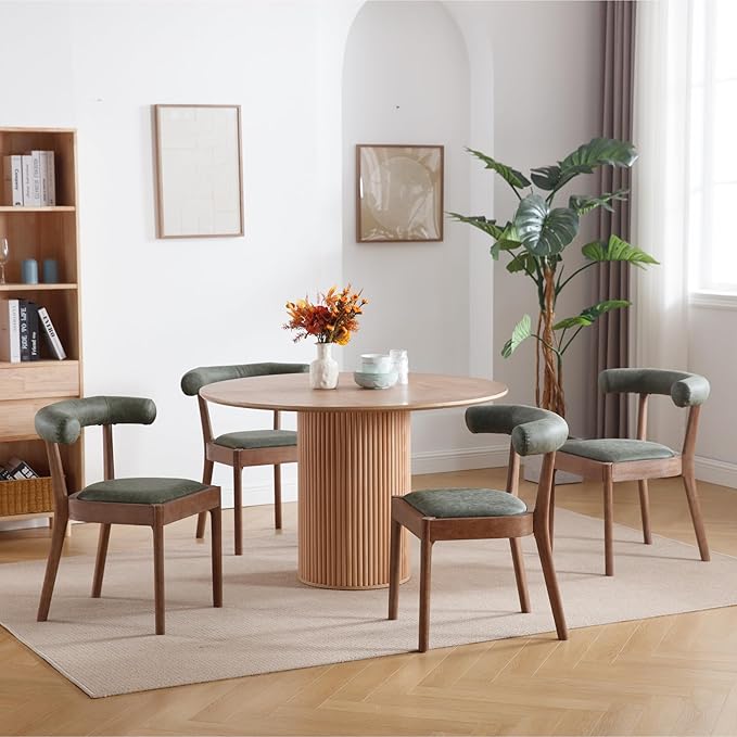 Kmax Dining Room Chairs Mid-Century Modern PU Kitchen Chairs with Natural Walnut Finished Frame, PU Curved Back, Set of 4, Green