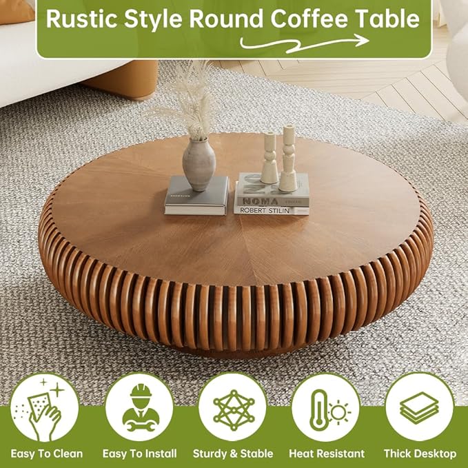Brown Round Coffee Table for Living Room Round Fluted Drum Coffee Table Modern Fluted Coffee Tables for Living Room (Brown, 39.3 inch)