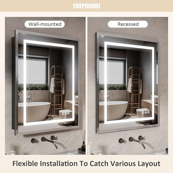 24X30 Inch Lighted Medicine Cabinet with Mirror and Lights, Recessed Mirror Medicine Cabinet with Adjustable 3-Color, Brightness Dimming, Defogger, LED Bathroom Mirror Cabinet Wall Mounted